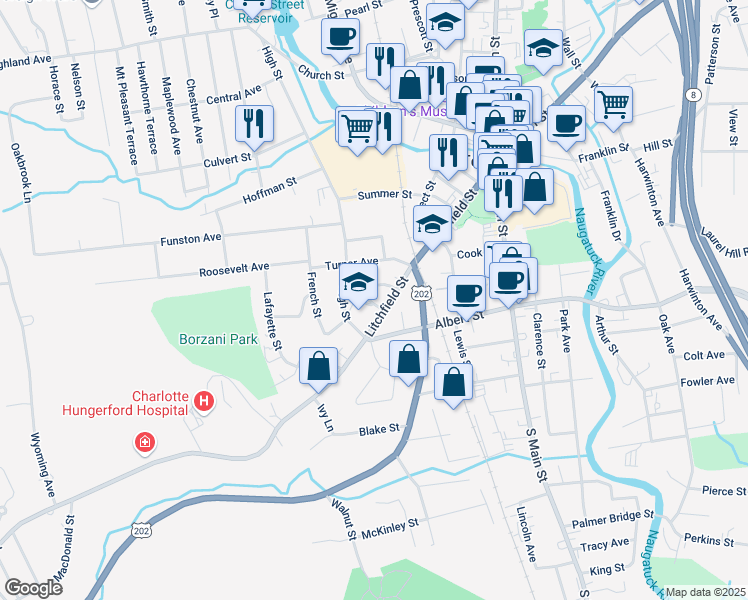 map of restaurants, bars, coffee shops, grocery stores, and more near 20 Seymour Street in Torrington