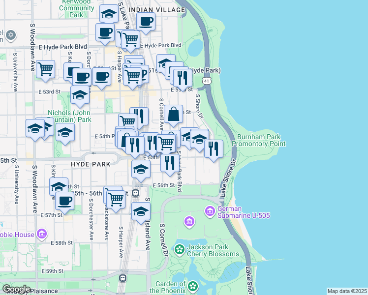 map of restaurants, bars, coffee shops, grocery stores, and more near 5479 South Hyde Park Boulevard in Chicago