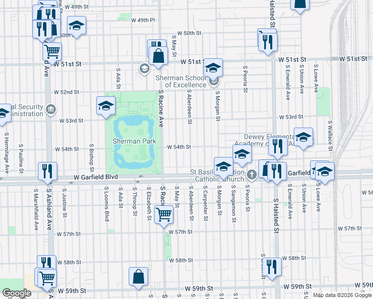 map of restaurants, bars, coffee shops, grocery stores, and more near 5400 South Aberdeen Street in Chicago