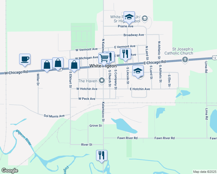 map of restaurants, bars, coffee shops, grocery stores, and more near 105 East Hotchin Avenue in White Pigeon