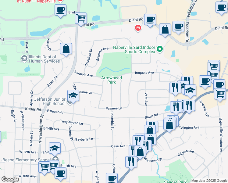 map of restaurants, bars, coffee shops, grocery stores, and more near 1548 North Columbia Avenue in Naperville