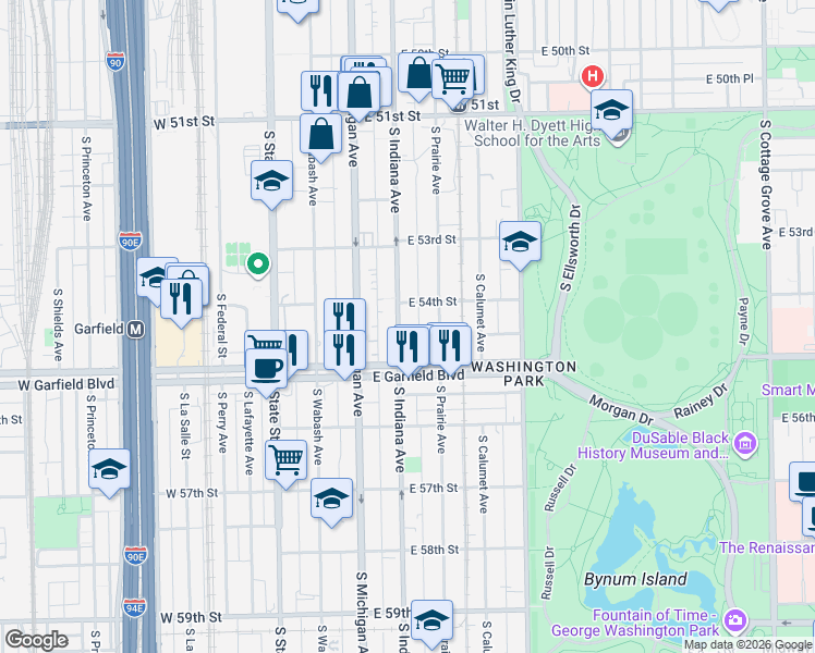 map of restaurants, bars, coffee shops, grocery stores, and more near 5423 South Indiana Avenue in Chicago