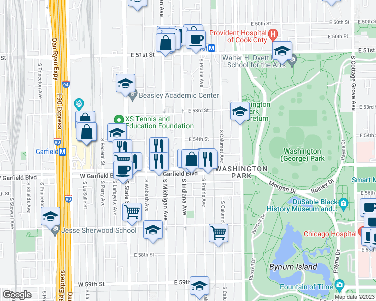 map of restaurants, bars, coffee shops, grocery stores, and more near 5423 South Indiana Avenue in Chicago