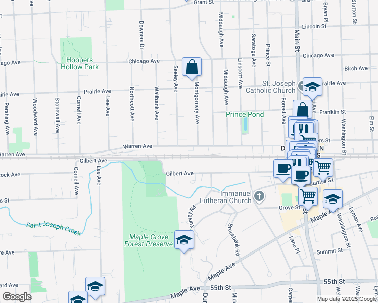 map of restaurants, bars, coffee shops, grocery stores, and more near 1355 Warren Avenue in Downers Grove