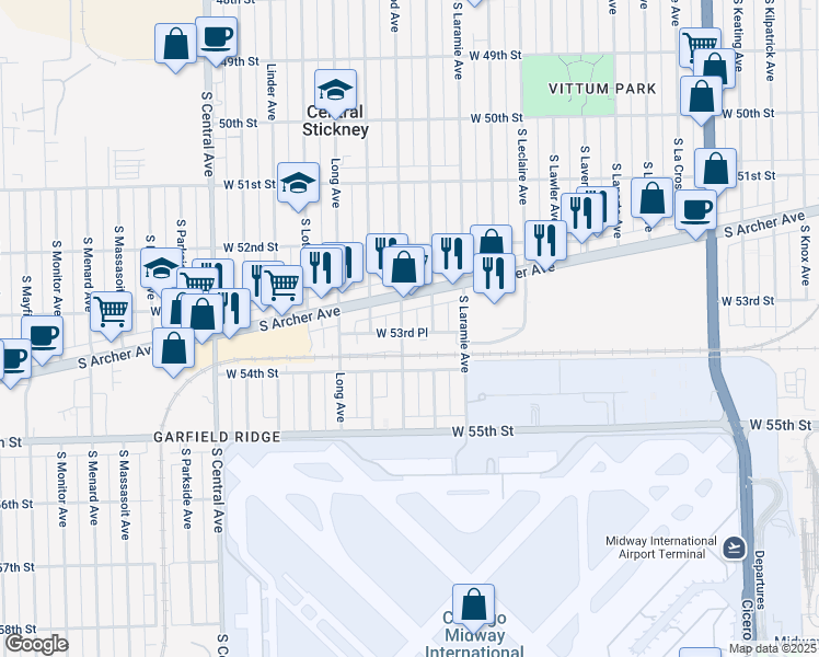 map of restaurants, bars, coffee shops, grocery stores, and more near 5333 South Lockwood Avenue in Chicago