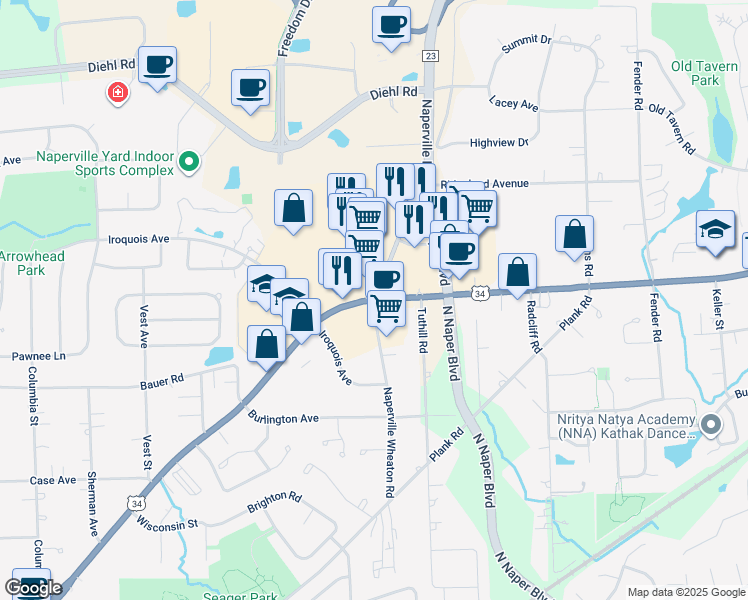 map of restaurants, bars, coffee shops, grocery stores, and more near 1301 Walter Payton Memorial Highway in Naperville