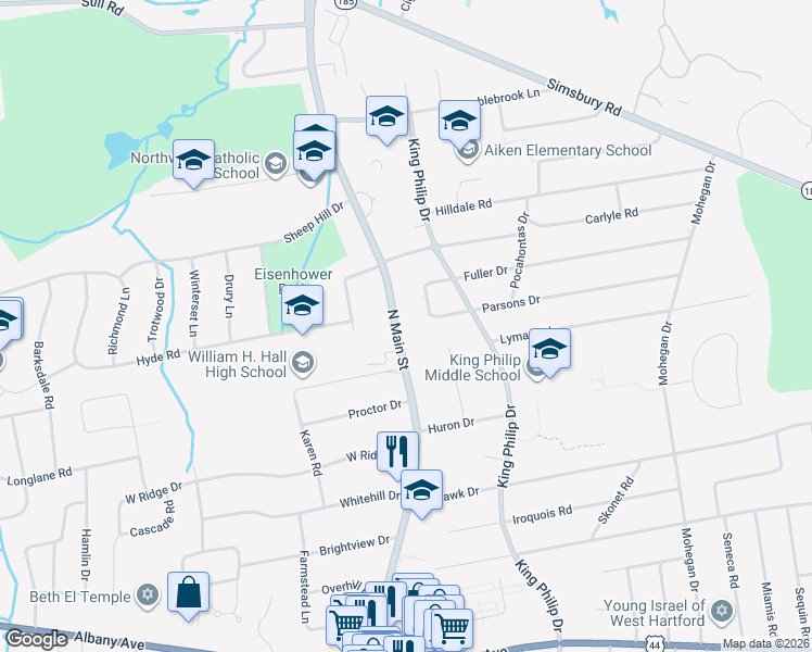 map of restaurants, bars, coffee shops, grocery stores, and more near 1010 North Main Street in West Hartford