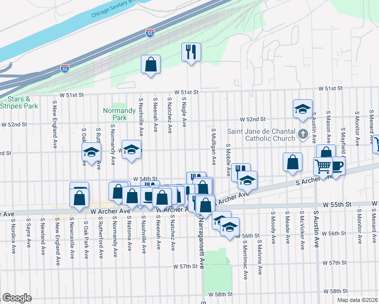 map of restaurants, bars, coffee shops, grocery stores, and more near 5301 S Nagle Ave in Chicago