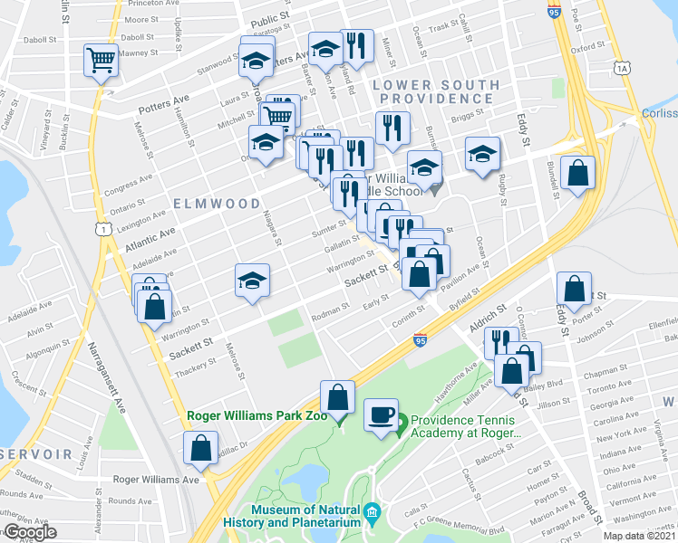 map of restaurants, bars, coffee shops, grocery stores, and more near 58 Warrington Street in Providence