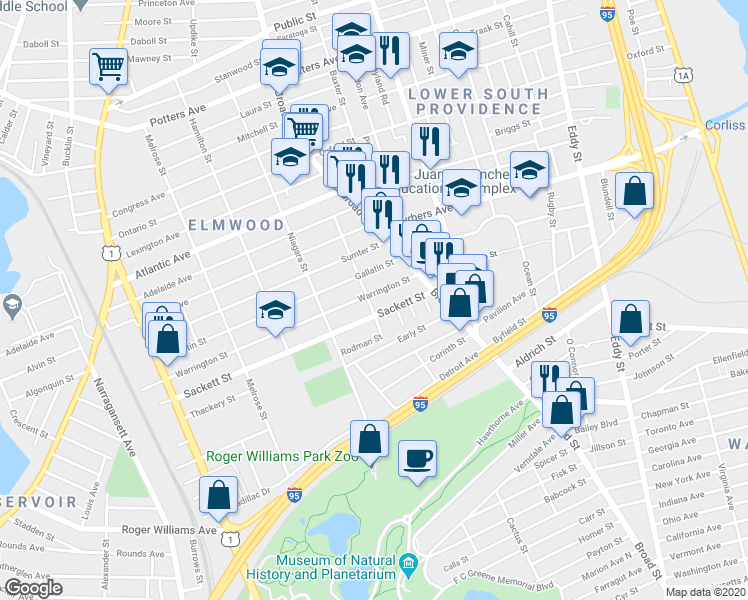 map of restaurants, bars, coffee shops, grocery stores, and more near 58 Warrington Street in Providence