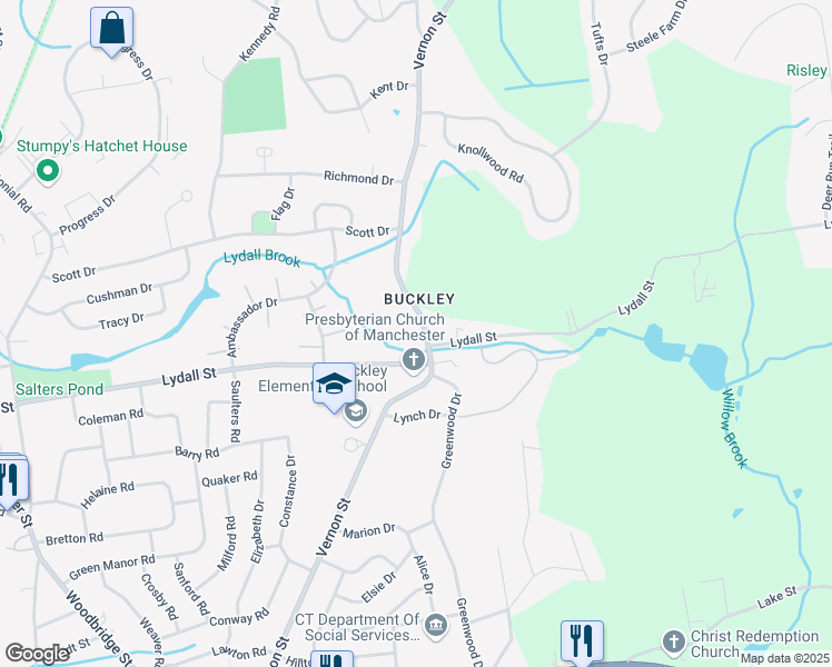 map of restaurants, bars, coffee shops, grocery stores, and more near 375 Vernon Street in Manchester