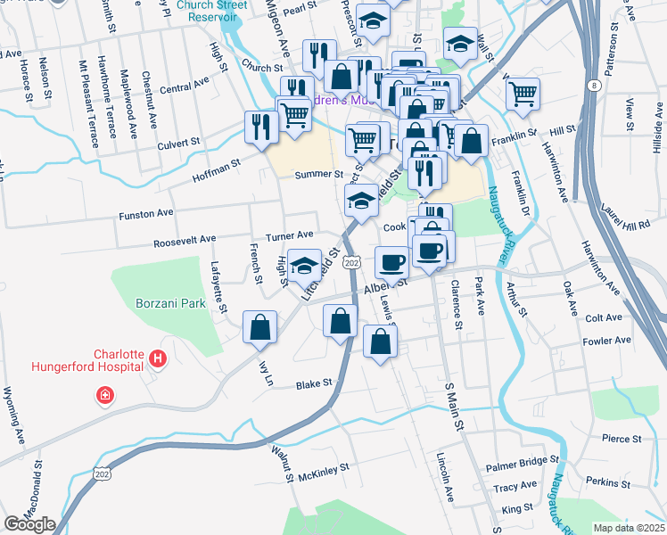 map of restaurants, bars, coffee shops, grocery stores, and more near 58 New Litchfield Street in Torrington