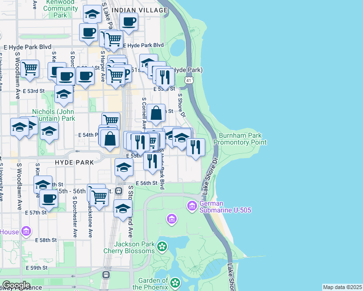 map of restaurants, bars, coffee shops, grocery stores, and more near 5469 South Everett Avenue in Chicago