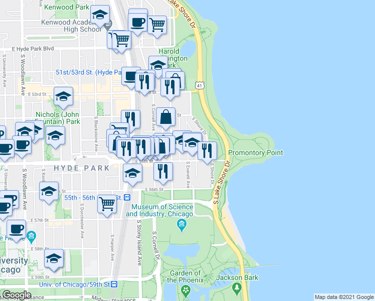 map of restaurants, bars, coffee shops, grocery stores, and more near 5469 South Everett Avenue in Chicago