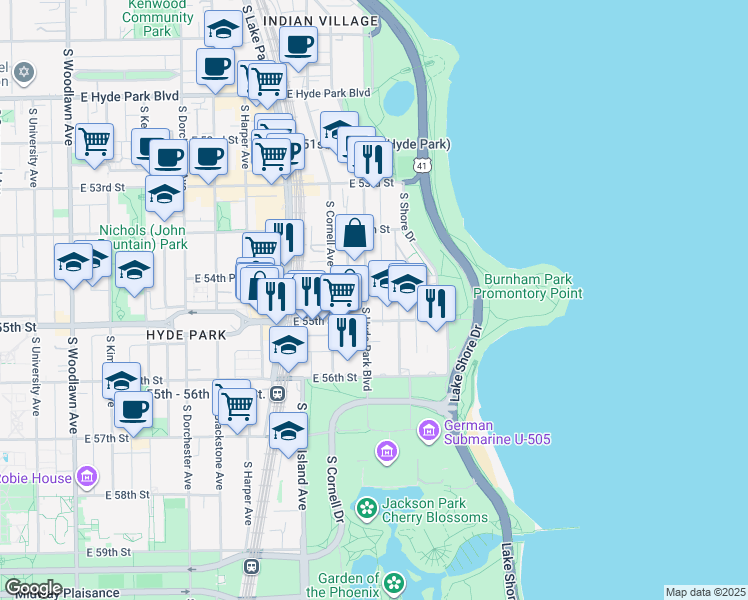 map of restaurants, bars, coffee shops, grocery stores, and more near 5479 South Hyde Park Boulevard in Chicago