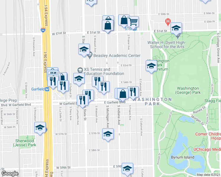 map of restaurants, bars, coffee shops, grocery stores, and more near 5419 South Michigan Avenue in Chicago