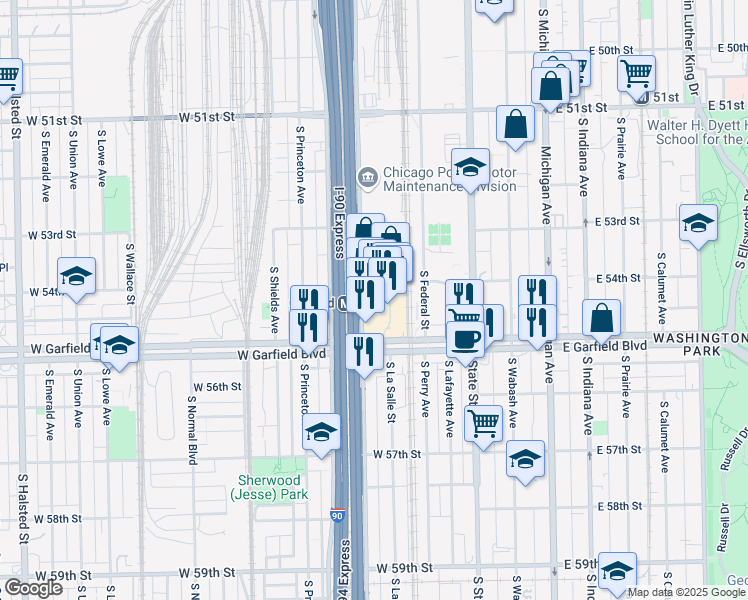 map of restaurants, bars, coffee shops, grocery stores, and more near 5341-5399 South Wentworth Avenue in Chicago
