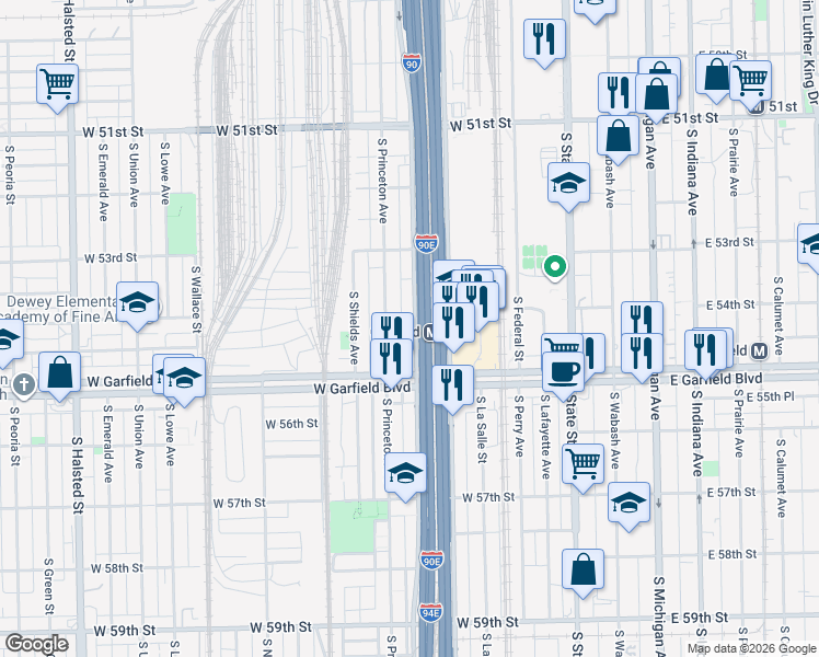 map of restaurants, bars, coffee shops, grocery stores, and more near 5409 South Wells Street in Chicago