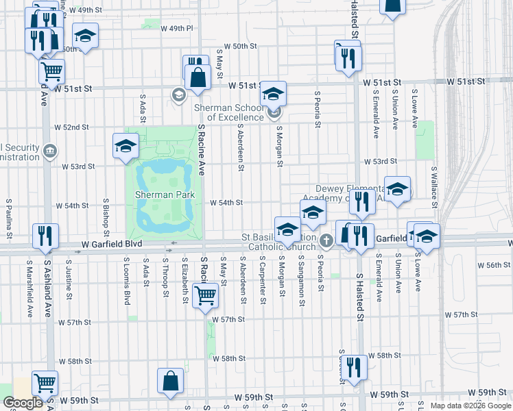 map of restaurants, bars, coffee shops, grocery stores, and more near 5401 South Carpenter Street in Chicago