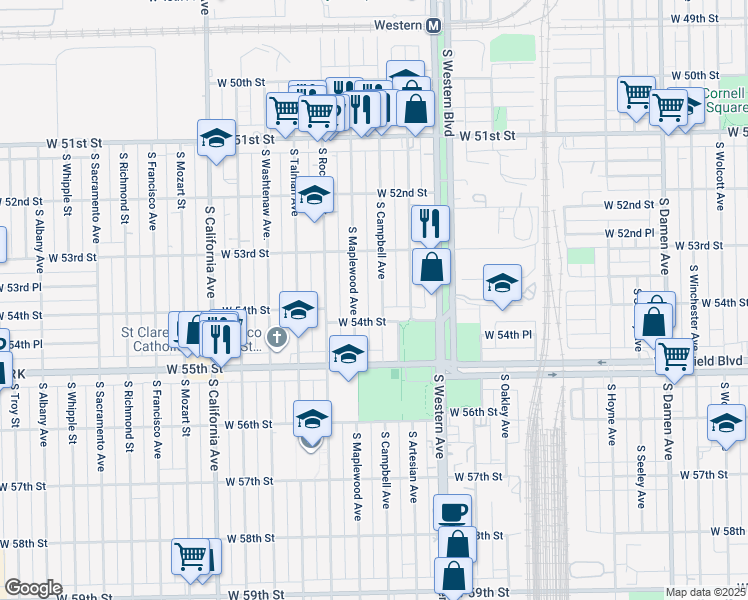map of restaurants, bars, coffee shops, grocery stores, and more near 5348 South Campbell Avenue in Chicago