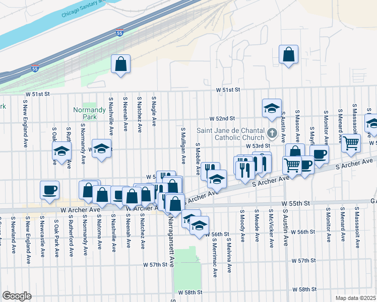 map of restaurants, bars, coffee shops, grocery stores, and more near 5300 South Mobile Avenue in Chicago