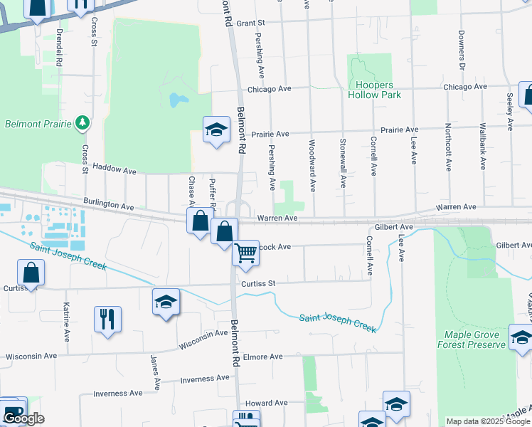 map of restaurants, bars, coffee shops, grocery stores, and more near 2119 Warren Avenue in Downers Grove