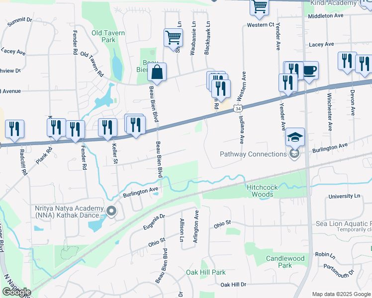 map of restaurants, bars, coffee shops, grocery stores, and more near Wellington Avenue in Lisle