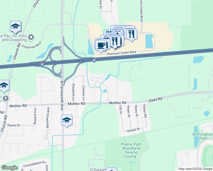 map of restaurants, bars, coffee shops, grocery stores, and more near 1925 Tall Oaks Drive in Aurora
