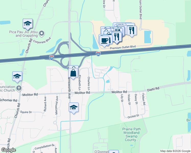 map of restaurants, bars, coffee shops, grocery stores, and more near 1940 Tall Oaks Drive in Aurora