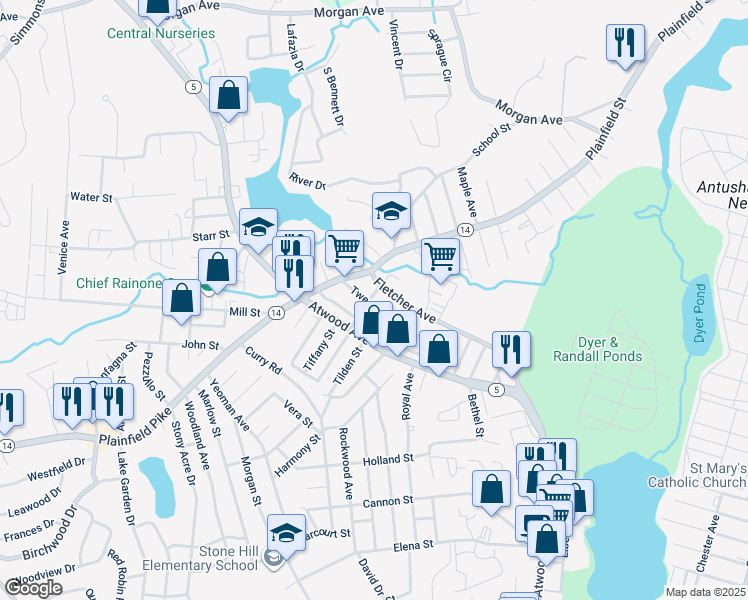 map of restaurants, bars, coffee shops, grocery stores, and more near 44 Tweed Street in Cranston