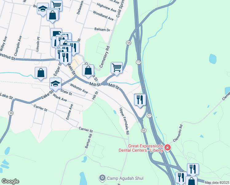 map of restaurants, bars, coffee shops, grocery stores, and more near 279 Mill Street in Liberty