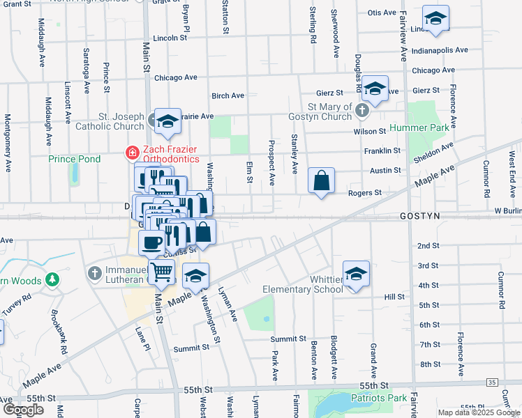 map of restaurants, bars, coffee shops, grocery stores, and more near 728 Warren Avenue in Downers Grove