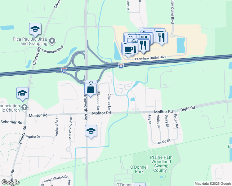 map of restaurants, bars, coffee shops, grocery stores, and more near 1944 Tall Oaks Drive in Aurora