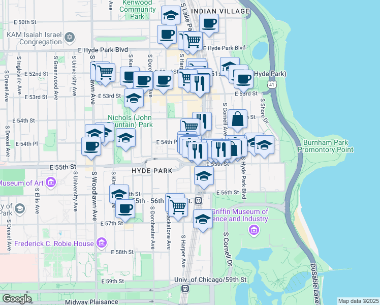map of restaurants, bars, coffee shops, grocery stores, and more near 5452 South Lake Park Avenue in Chicago