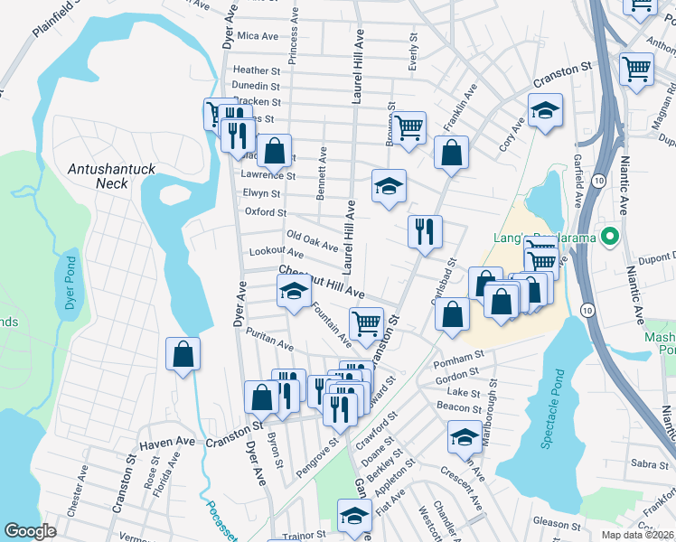 map of restaurants, bars, coffee shops, grocery stores, and more near 6 Lookout Avenue in Cranston