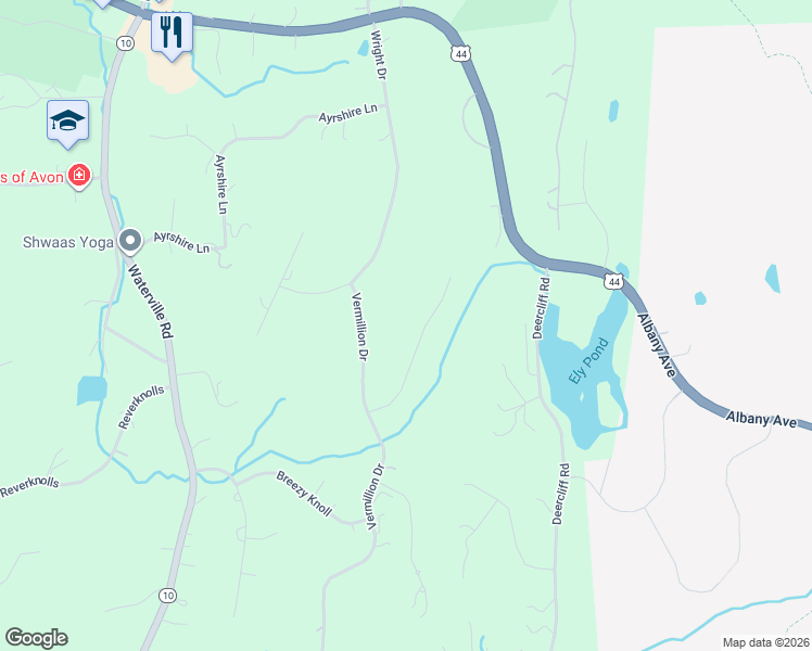 map of restaurants, bars, coffee shops, grocery stores, and more near 50 Far Hills Drive in Avon
