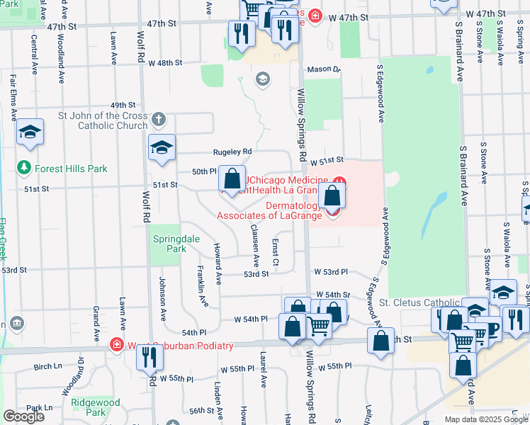 map of restaurants, bars, coffee shops, grocery stores, and more near 204 Dierks Drive in Western Springs