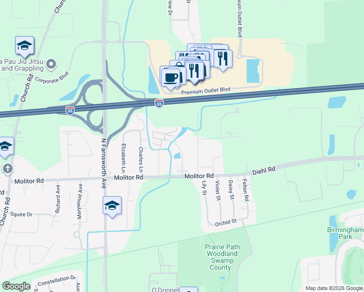 map of restaurants, bars, coffee shops, grocery stores, and more near 1925 Tall Oaks Drive in Aurora