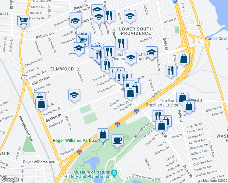 map of restaurants, bars, coffee shops, grocery stores, and more near 25 Sackett Street in Providence