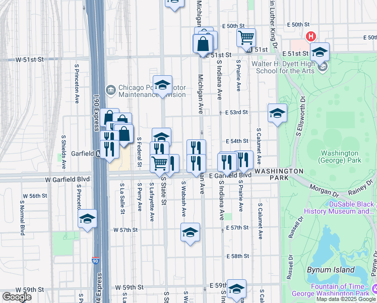 map of restaurants, bars, coffee shops, grocery stores, and more near 5417 South Wabash Avenue in Chicago