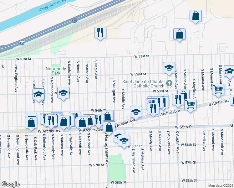 map of restaurants, bars, coffee shops, grocery stores, and more near 5300 South Mobile Avenue in Chicago