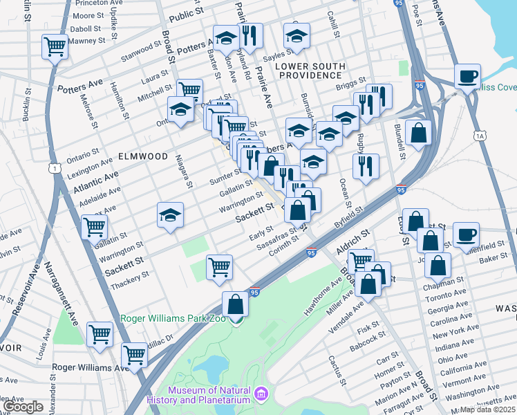 map of restaurants, bars, coffee shops, grocery stores, and more near 25 Sackett Street in Providence