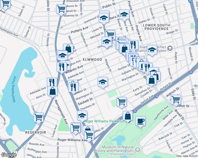 map of restaurants, bars, coffee shops, grocery stores, and more near 144 Sumter St in Providence