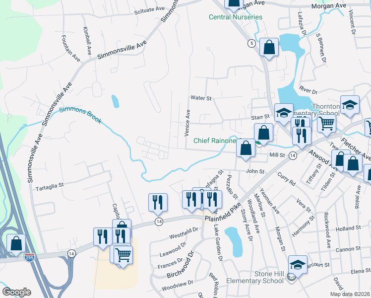 map of restaurants, bars, coffee shops, grocery stores, and more near 0 Venice Avenue in Johnston