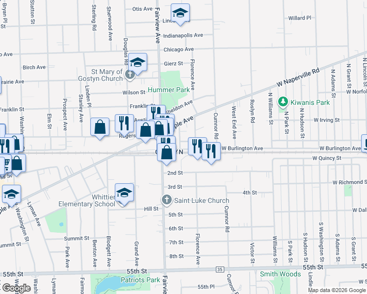 map of restaurants, bars, coffee shops, grocery stores, and more near 5018 Wilcox Avenue in Downers Grove