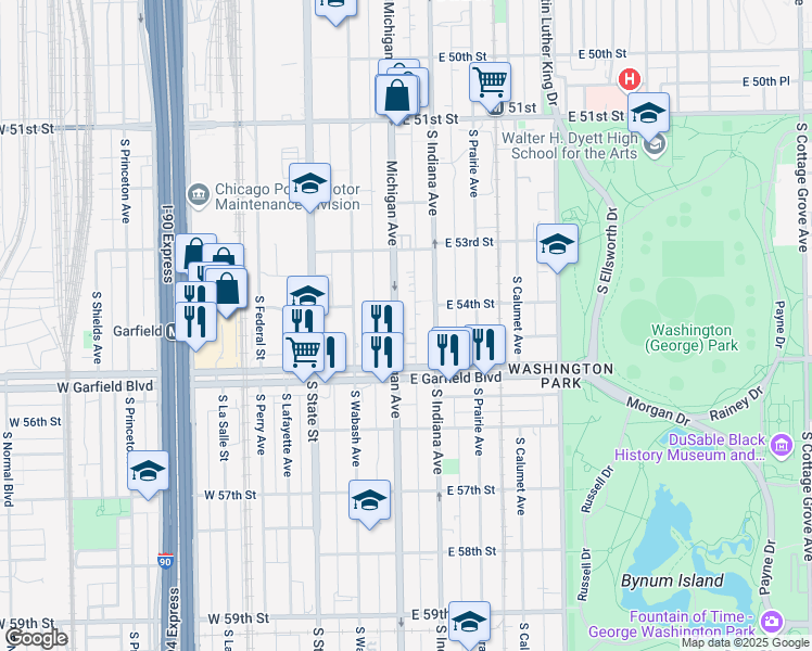 map of restaurants, bars, coffee shops, grocery stores, and more near 5419 South Michigan Avenue in Chicago