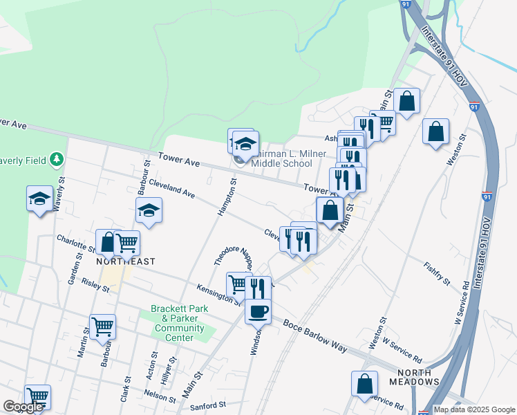map of restaurants, bars, coffee shops, grocery stores, and more near 107 Montville Street in Hartford
