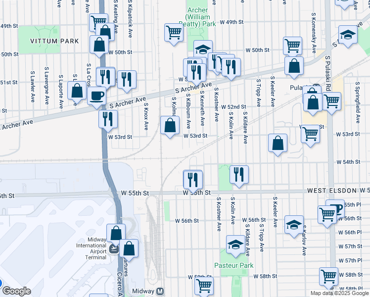map of restaurants, bars, coffee shops, grocery stores, and more near 5324 South Kilbourn Avenue in Chicago