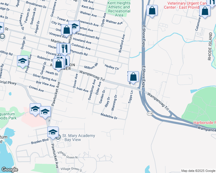map of restaurants, bars, coffee shops, grocery stores, and more near 25 Garden Drive in East Providence