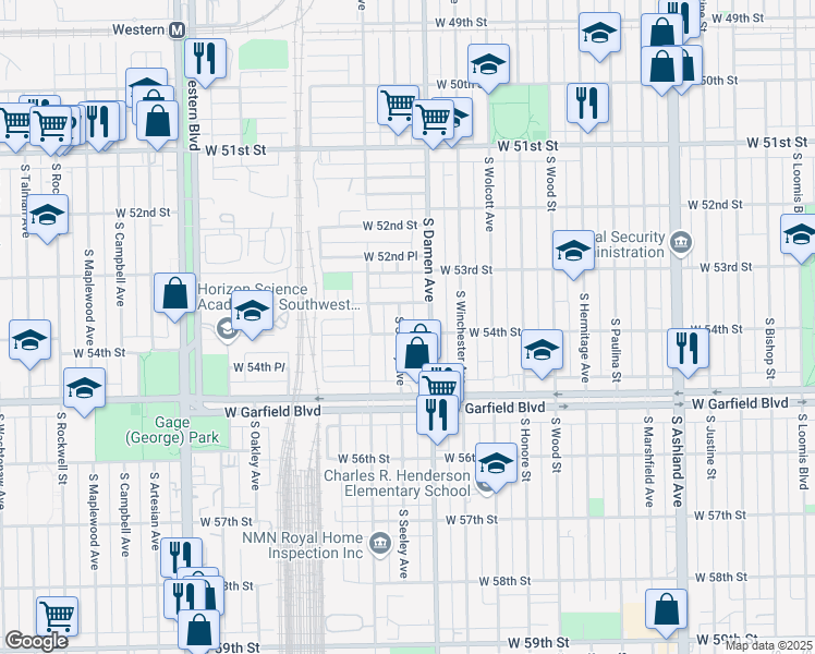 map of restaurants, bars, coffee shops, grocery stores, and more near 5355 South Seeley Avenue in Chicago